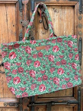Laura Ashley Quilted Floral Tote Bag | Large Carryall | Green & Red Rose Print